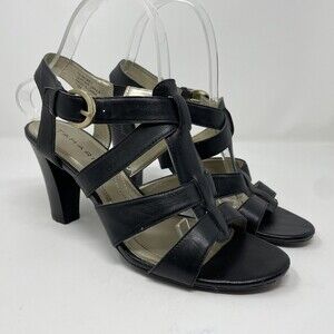 Tahari Mickey High Heel T-Strap Sandals Black Leather Ankle Strap Size 7.5